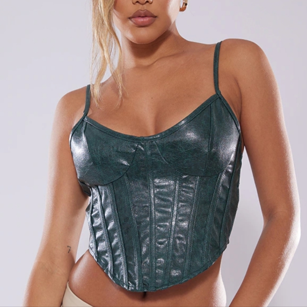 Deep Green Textured Faux Leather Corset Pretty Little Thing Size 8